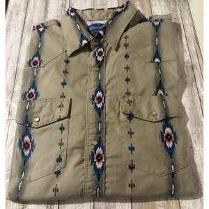 Vintage Wrangler Shirt  Mens XXL Tan Aztec western Print Snap Button Long Sleeve